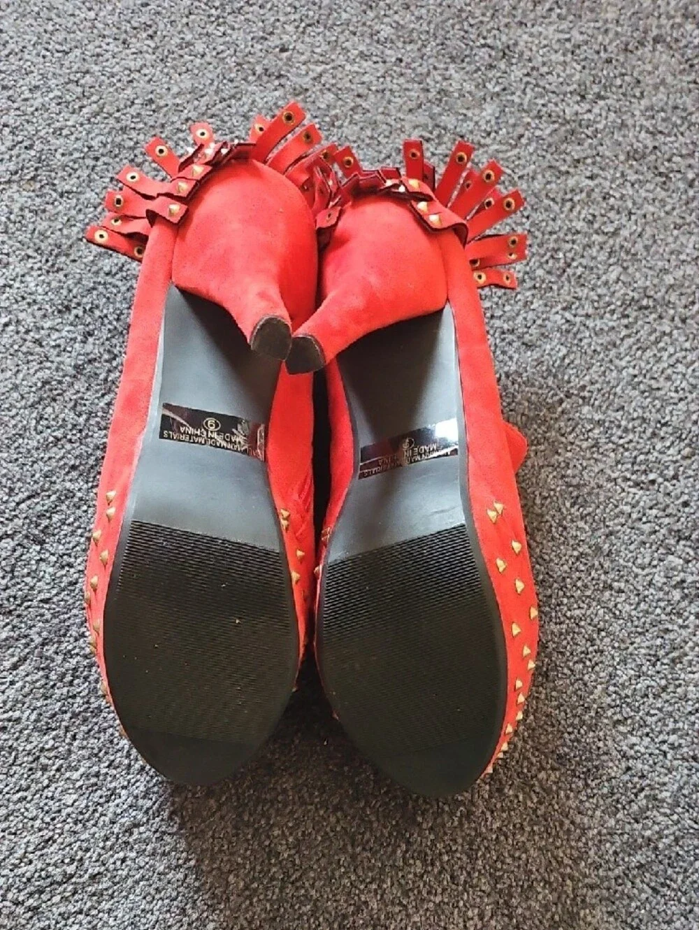 Red Studded Fringe Platform Ankle Heels - Women
